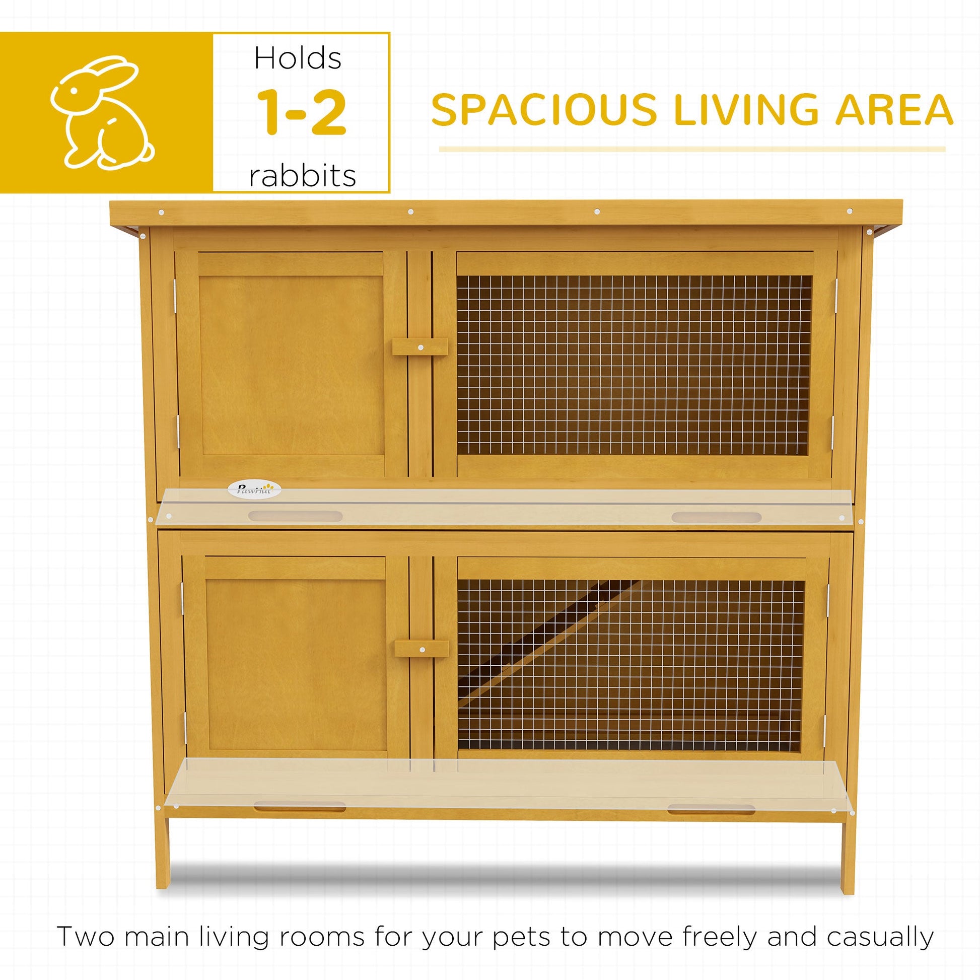 KFX-6317373 Wooden Indoor/Outdoor Yellow Rabbit Hutch with Ramp and Waterproof Roof