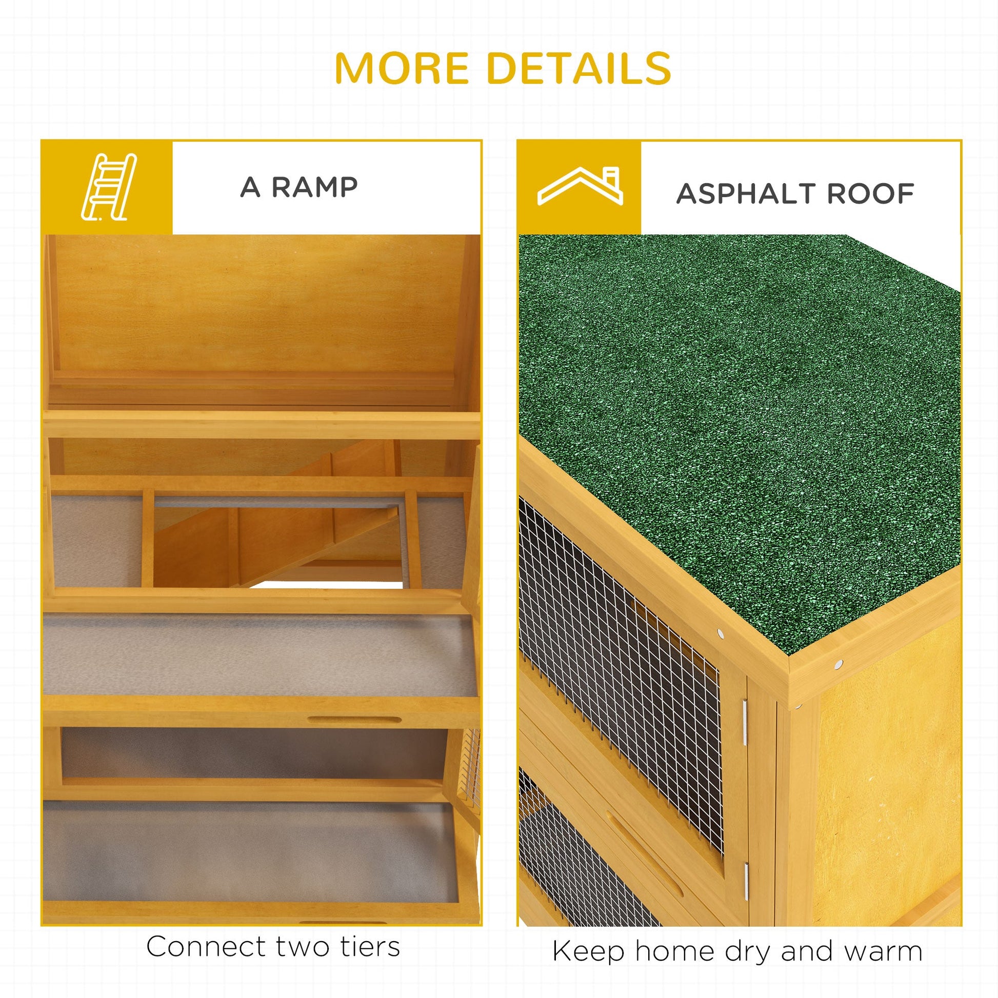 KFX-6317373 Wooden Indoor/Outdoor Yellow Rabbit Hutch with Ramp and Waterproof Roof