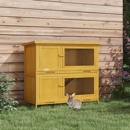 KFX-6317373 Wooden Indoor/Outdoor Yellow Rabbit Hutch with Ramp and Waterproof Roof