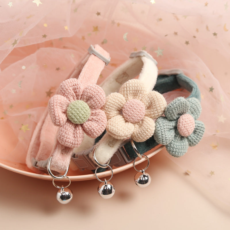 KFX-6321469 Cute Cartoon Flower Pattern Pet Collar in Apricot, Sky Blue, Dark Green, Light Pink - Adjustable Size (22-29cm)
