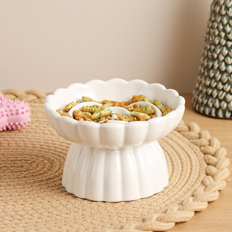 KFX-6331197 Elevated Ceramic Slow Feed Bowl for Cats and Small Dogs, Flower Pool Design with Raised Edges