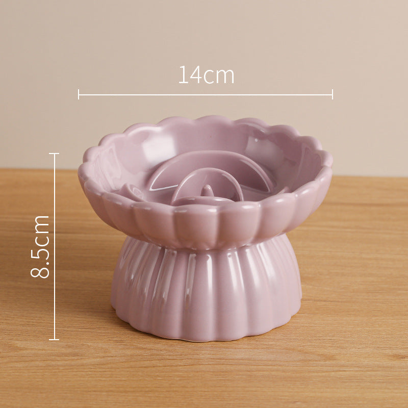 KFX-6331197 Elevated Ceramic Slow Feed Bowl for Cats and Small Dogs, Flower Pool Design with Raised Edges