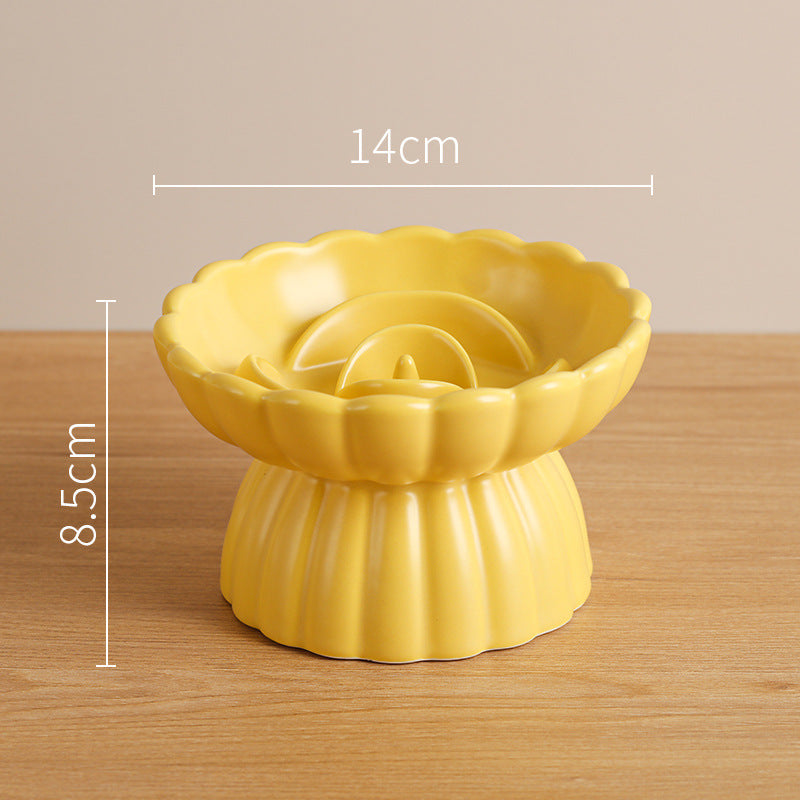 KFX-6331197 Elevated Ceramic Slow Feed Bowl for Cats and Small Dogs, Flower Pool Design with Raised Edges