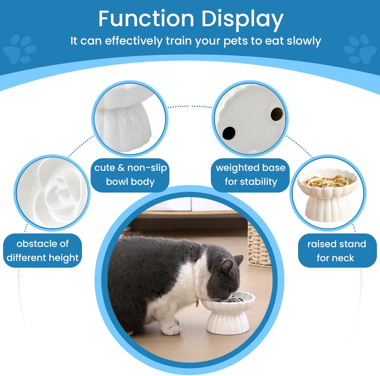 KFX-6331197 Elevated Ceramic Slow Feed Bowl for Cats and Small Dogs, Flower Pool Design with Raised Edges