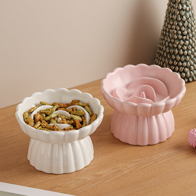 KFX-6331197 Elevated Ceramic Slow Feed Bowl for Cats and Small Dogs, Flower Pool Design with Raised Edges
