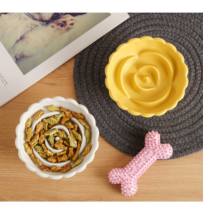KFX-6331197 Elevated Ceramic Slow Feed Bowl for Cats and Small Dogs, Flower Pool Design with Raised Edges