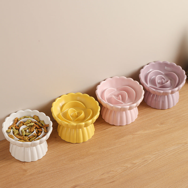 KFX-6331197 Elevated Ceramic Slow Feed Bowl for Cats and Small Dogs, Flower Pool Design with Raised Edges