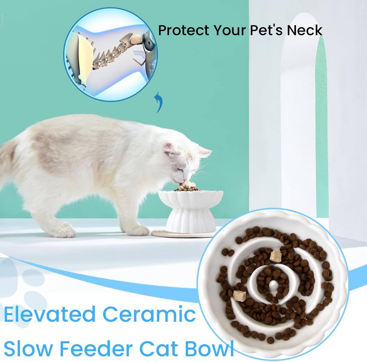 KFX-6331197 Elevated Ceramic Slow Feed Bowl for Cats and Small Dogs, Flower Pool Design with Raised Edges
