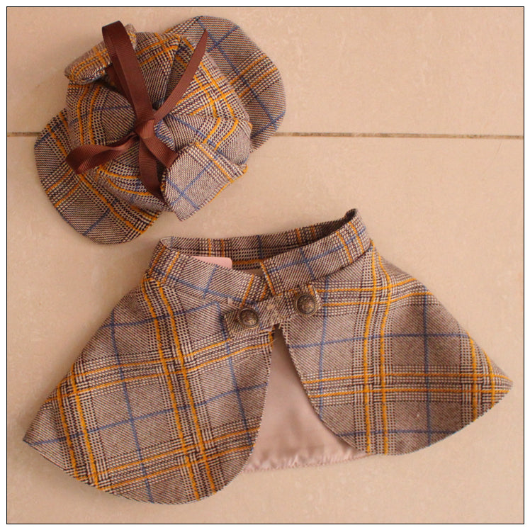 KFX-6333373 Detective Style Pet Cloak and Hat Set for Dogs and Cats in Khaki Plaid, Casual Fit