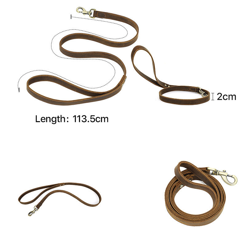 KFX-6334781 Handcrafted Crazy Horse Leather Dog Leash - 2cm Wide Brown Traction Rope