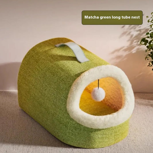 KFX-6335037 Cozy Plush Cat Nest with Long Tube Design in Matcha Green and Xinghe Gray