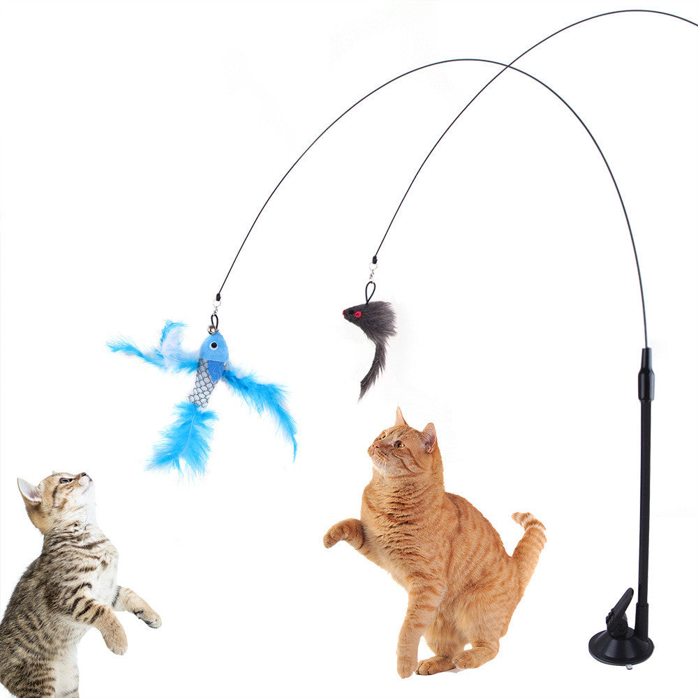 KFX-6335805 Multi-Head Replaceable Cat Teaser with Sucker - Steel Wire Pet Toy in Various Colors