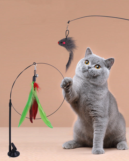 KFX-6335805 Multi-Head Replaceable Cat Teaser with Sucker - Steel Wire Pet Toy in Various Colors