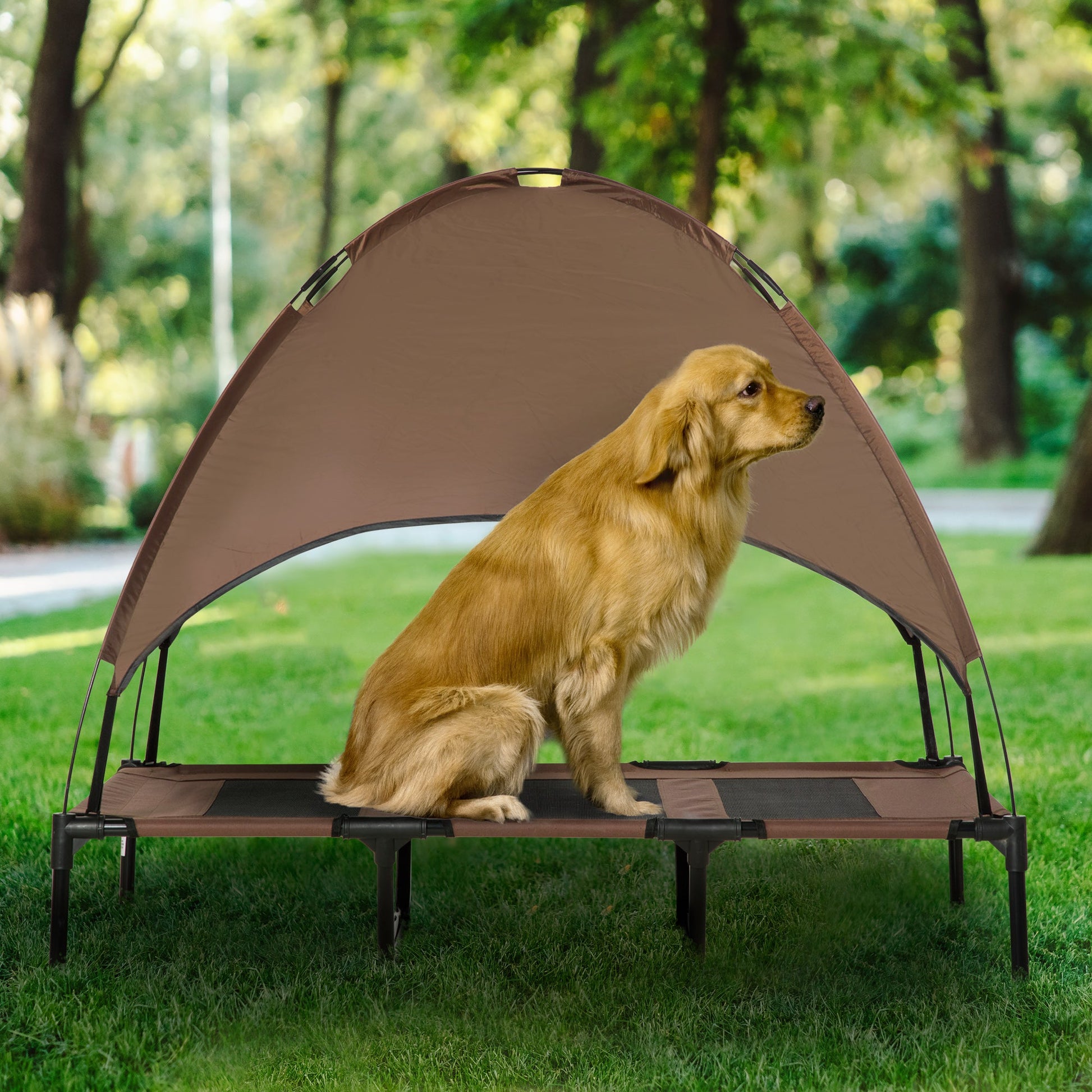 KFX-6339389 Elevated Portable Dog Cot Bed with Canopy Shade and Cooling Features, Coffee 48" x 36"