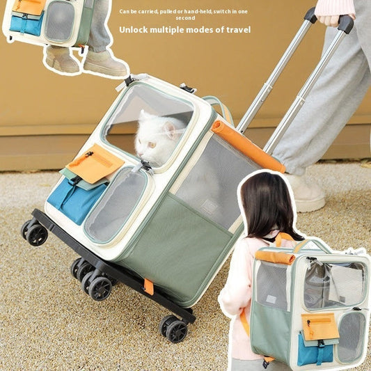 KFX-6342973 Portable Outdoor Cat Backpack - Medium-Sized Pet Carrier in Beige & Green, 45L Capacity, Oxford Material