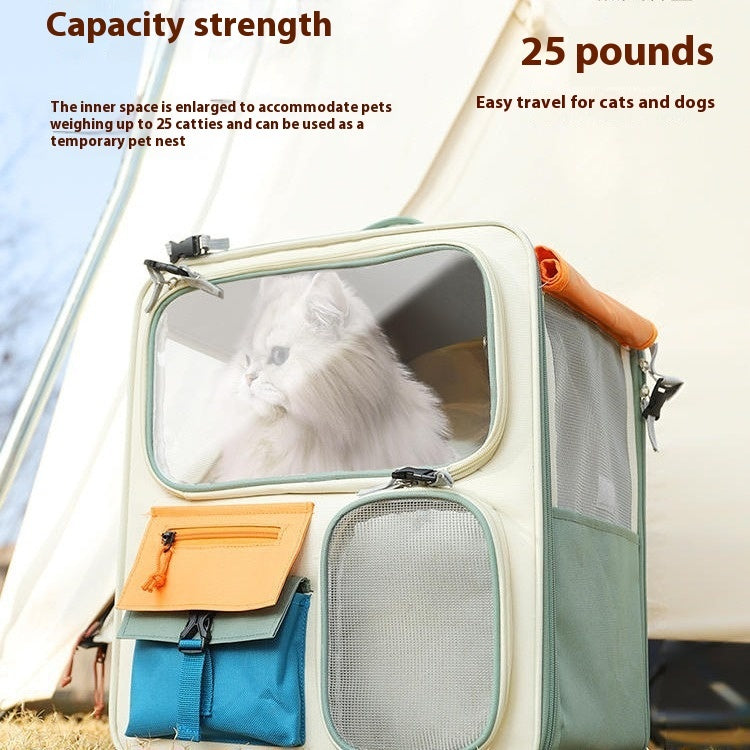 KFX-6342973 Portable Outdoor Cat Backpack - Medium-Sized Pet Carrier in Beige & Green, 45L Capacity, Oxford Material