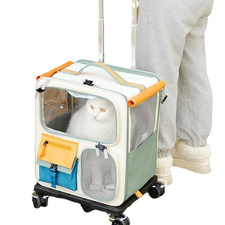 KFX-6342973 Portable Outdoor Cat Backpack - Medium-Sized Pet Carrier in Beige & Green, 45L Capacity, Oxford Material