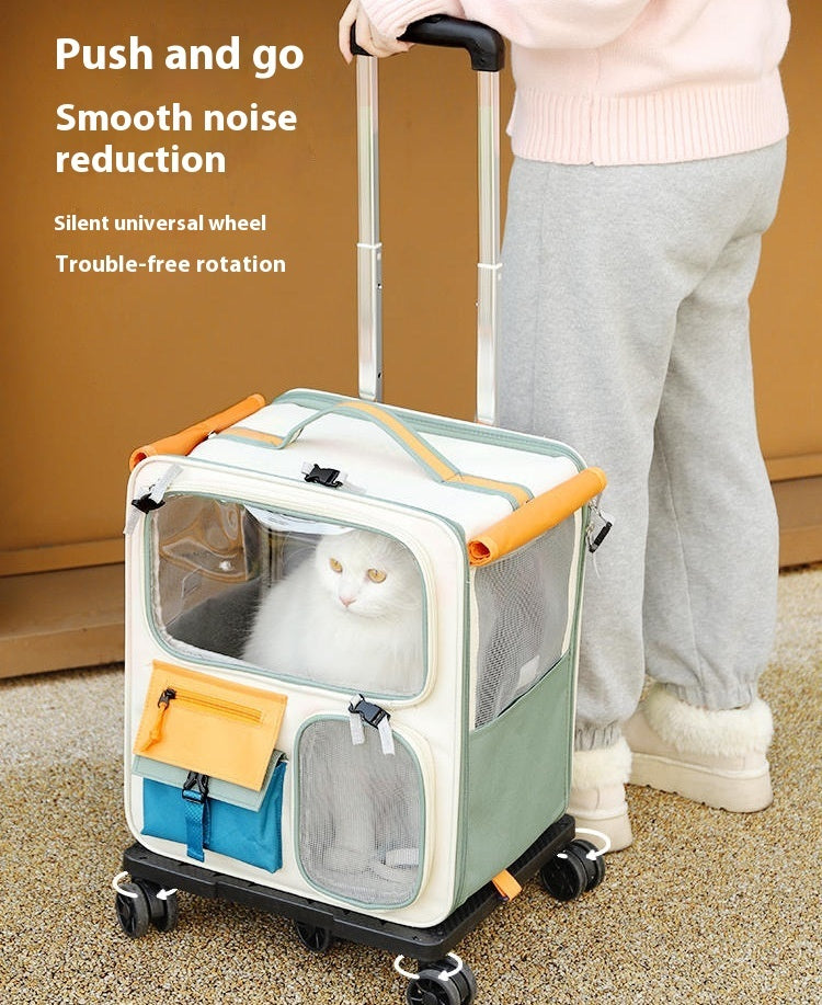 KFX-6342973 Portable Outdoor Cat Backpack - Medium-Sized Pet Carrier in Beige & Green, 45L Capacity, Oxford Material