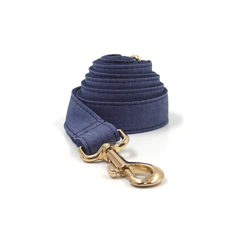 KFX-6346301 Deep Denim Pet Collar and Leash Set with Gold Buckle and Bow Tie
