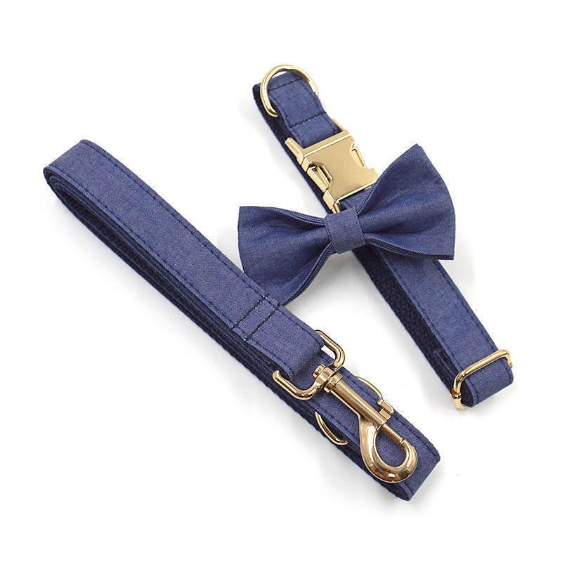 KFX-6346301 Deep Denim Pet Collar and Leash Set with Gold Buckle and Bow Tie