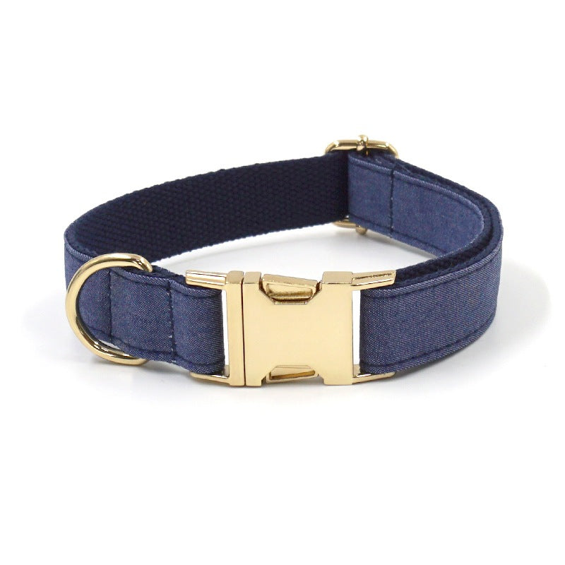 KFX-6346301 Deep Denim Pet Collar and Leash Set with Gold Buckle and Bow Tie