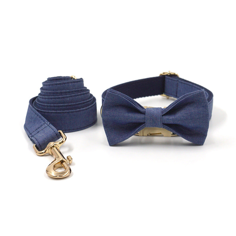 KFX-6346301 Deep Denim Pet Collar and Leash Set with Gold Buckle and Bow Tie