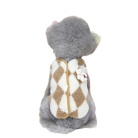 KFX-6350653 Plush Checkerboard Pet Vest for Cats and Dogs - Warm Autumn Winter Cotton Coat in Brown and Black
