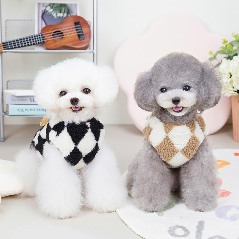 KFX-6350653 Plush Checkerboard Pet Vest for Cats and Dogs - Warm Autumn Winter Cotton Coat in Brown and Black