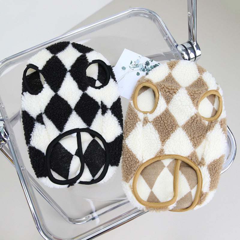 KFX-6350653 Plush Checkerboard Pet Vest for Cats and Dogs - Warm Autumn Winter Cotton Coat in Brown and Black