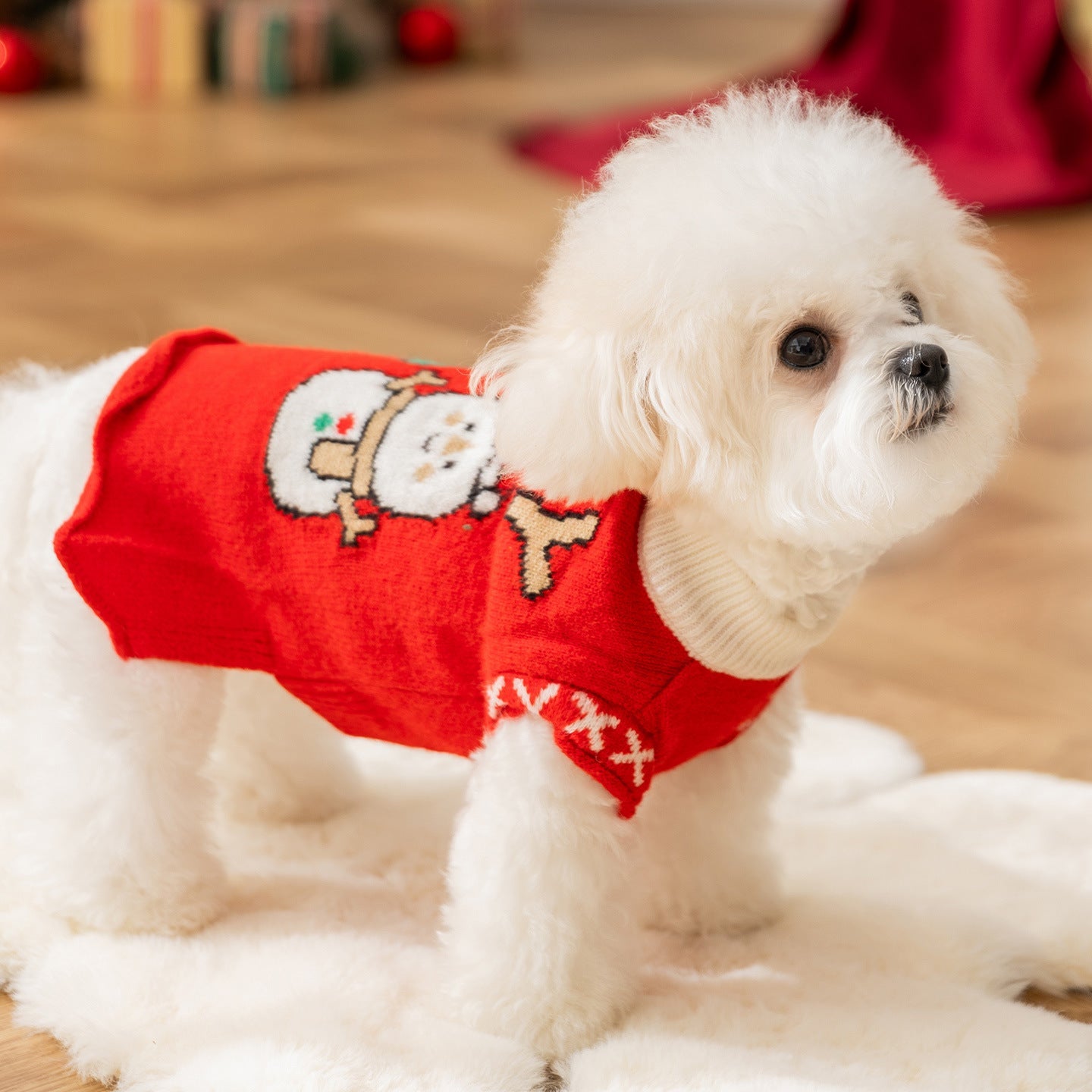 KFX-6351037 Festive Knitted Dog Sweater with Snowman and Christmas Bear Design