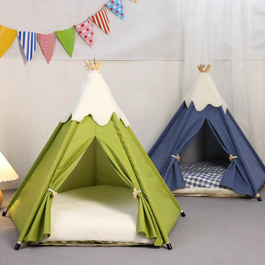 KFX-6351293 Cozy Removable Cat Tent Nest in Snow Velvet - Green, Blue, Pink, Khaki