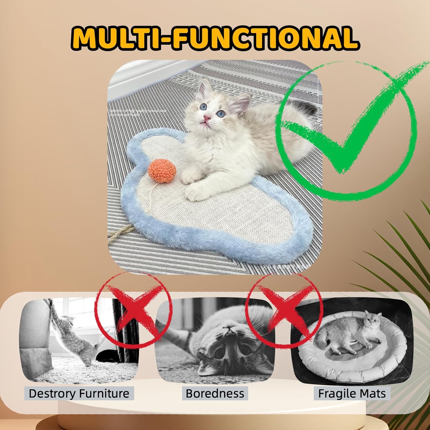 KFX-6353725 Wall-Mounted Natural Sisal Cat Scratching Mat with Cute Cartoon Design, Durable Protector for Indoor Cats