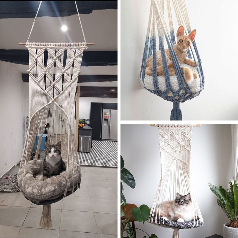 KFX-6353853 Hand-Woven Cotton Cat Hammock with Geometric Design - Cozy Pet Swing for Cats
