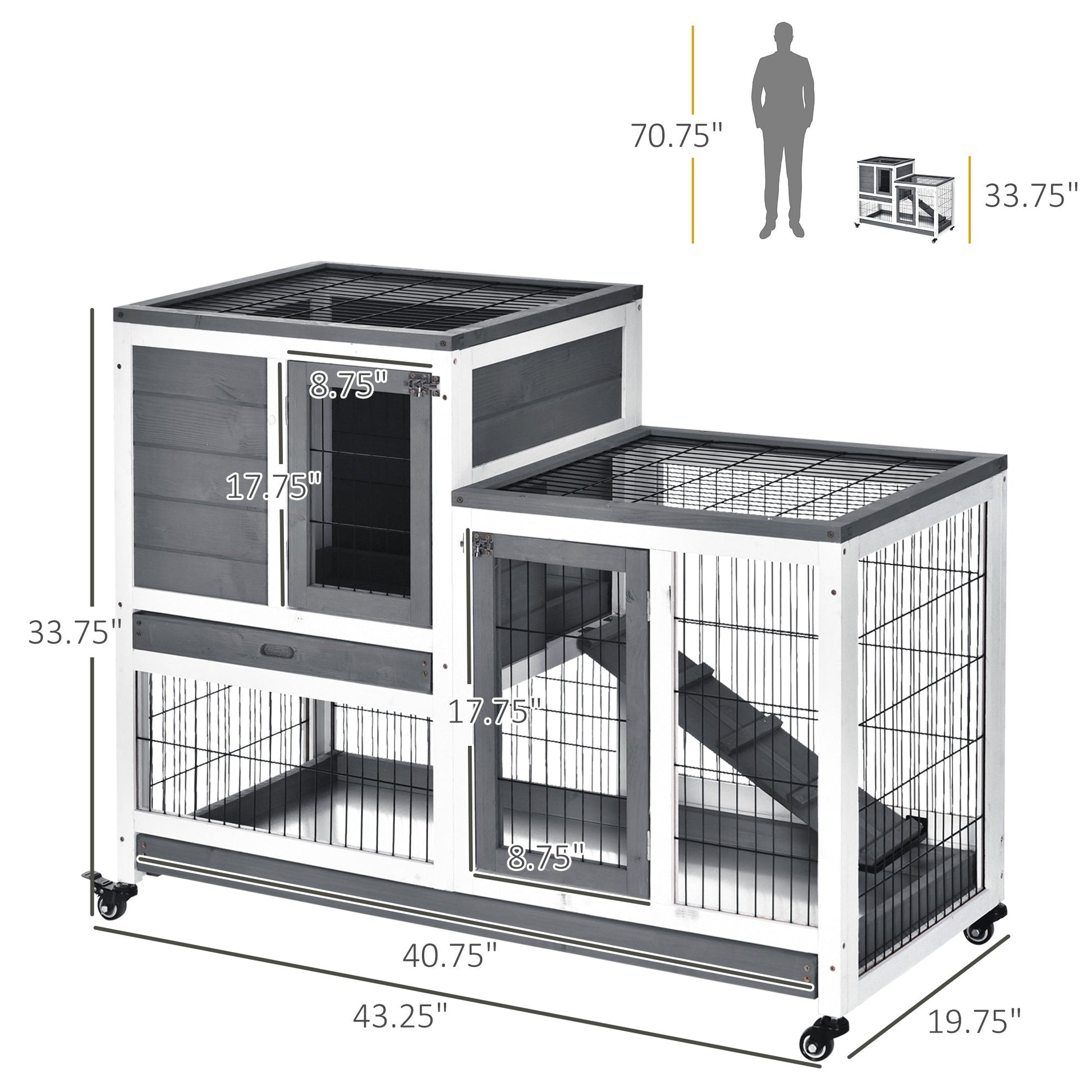 KFX-6355901 Elevated Rabbit Hutch with Enclosed Run on Wheels - Indoor Small Animal Habitat