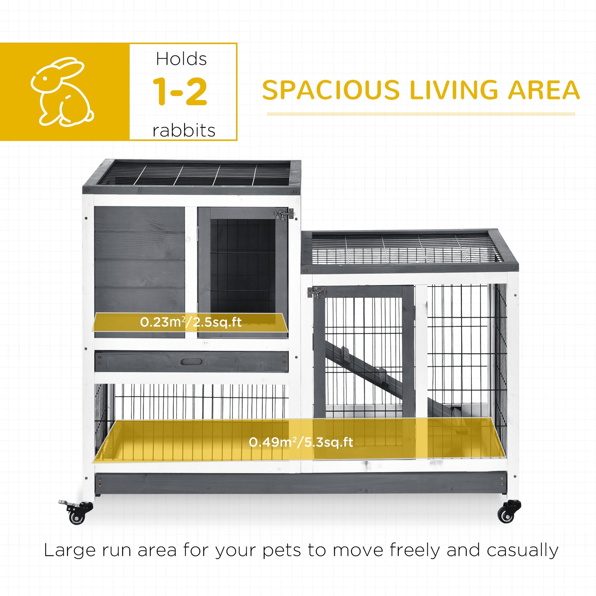KFX-6355901 Elevated Rabbit Hutch with Enclosed Run on Wheels - Indoor Small Animal Habitat