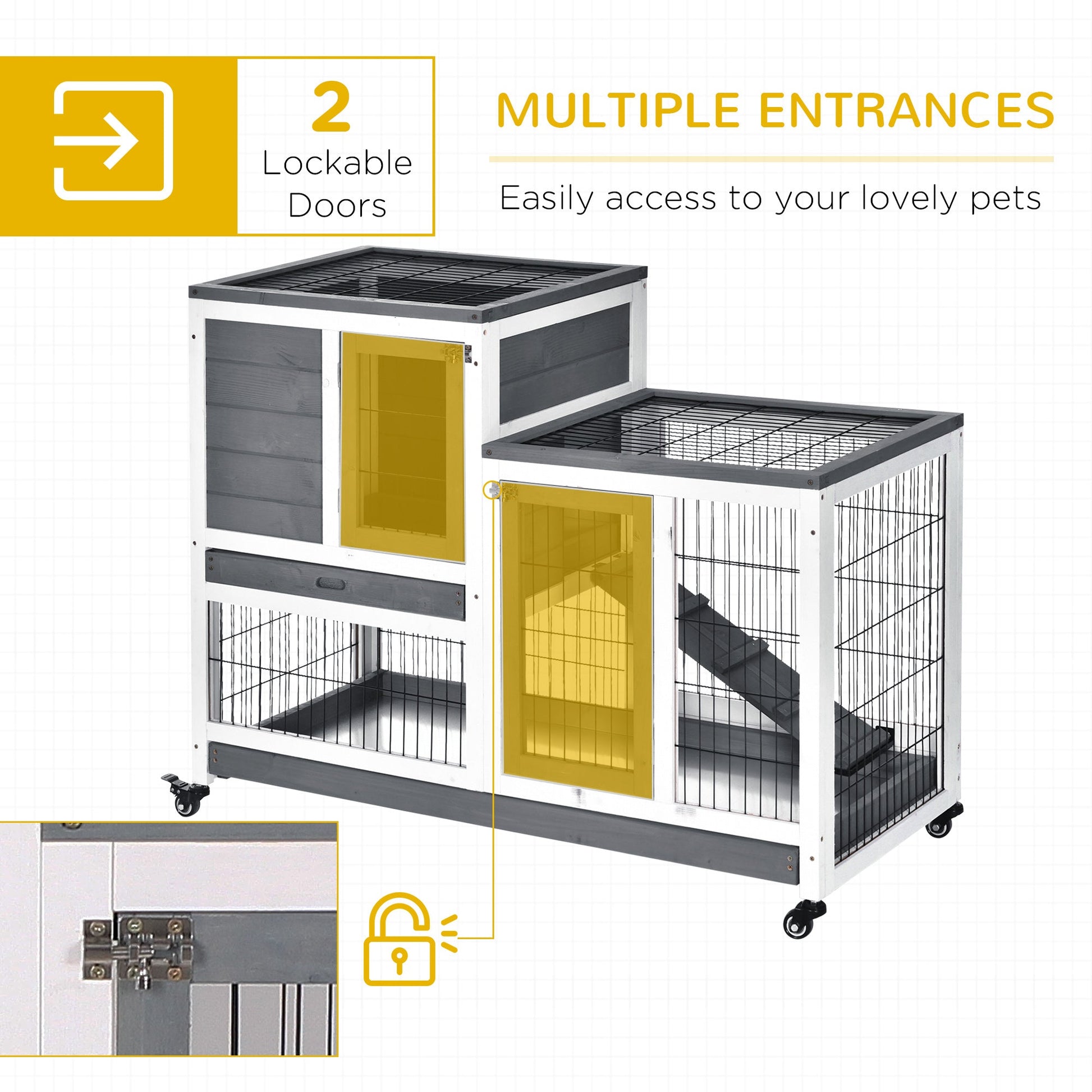 KFX-6355901 Elevated Rabbit Hutch with Enclosed Run on Wheels - Indoor Small Animal Habitat