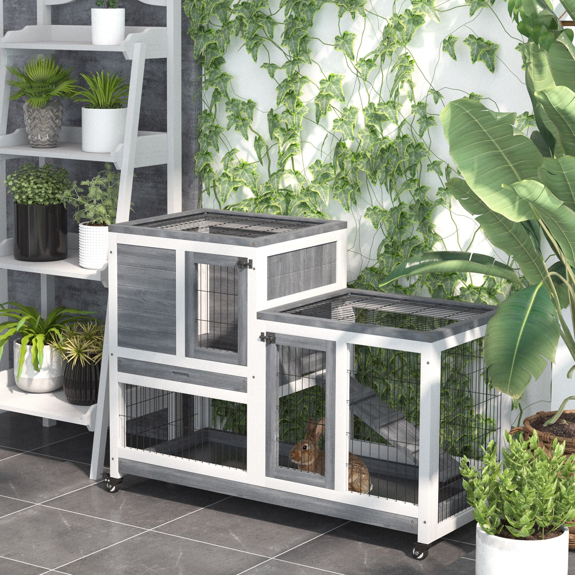 KFX-6355901 Elevated Rabbit Hutch with Enclosed Run on Wheels - Indoor Small Animal Habitat