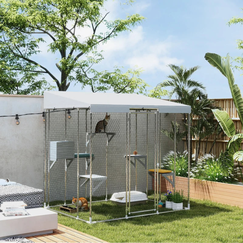 KFX-6369213 Spacious Galvanized Steel Catio with Waterproof Canopy and Jumping Platforms for 1-3 Kittens