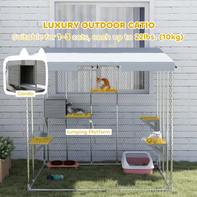 KFX-6369213 Spacious Galvanized Steel Catio with Waterproof Canopy and Jumping Platforms for 1-3 Kittens