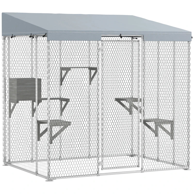 KFX-6369213 Spacious Galvanized Steel Catio with Waterproof Canopy and Jumping Platforms for 1-3 Kittens