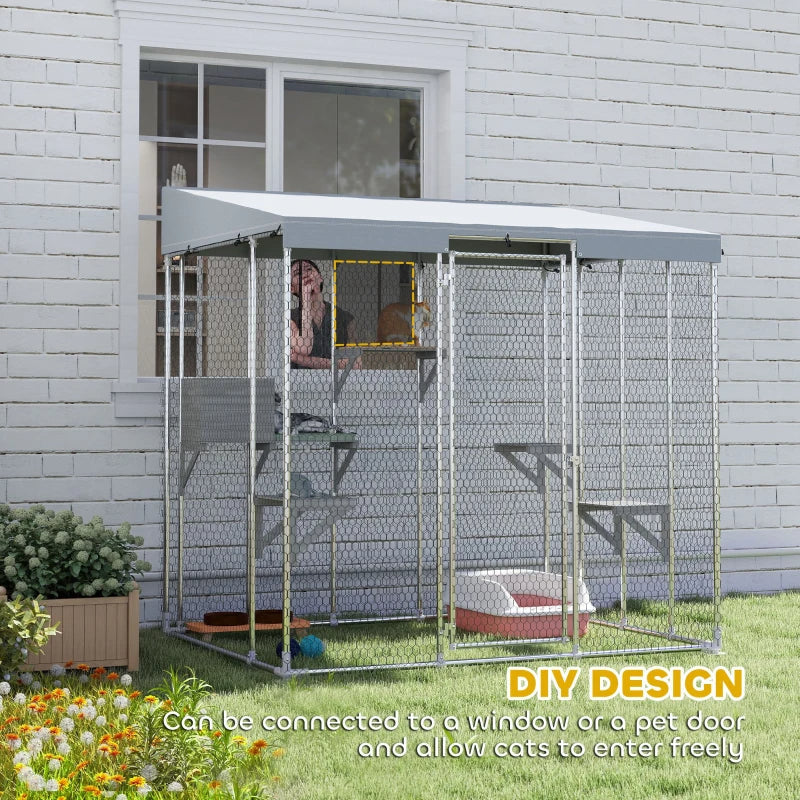 KFX-6369213 Spacious Galvanized Steel Catio with Waterproof Canopy and Jumping Platforms for 1-3 Kittens