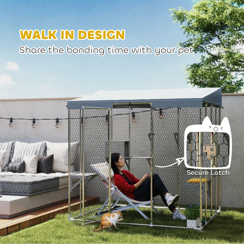 KFX-6369213 Spacious Galvanized Steel Catio with Waterproof Canopy and Jumping Platforms for 1-3 Kittens