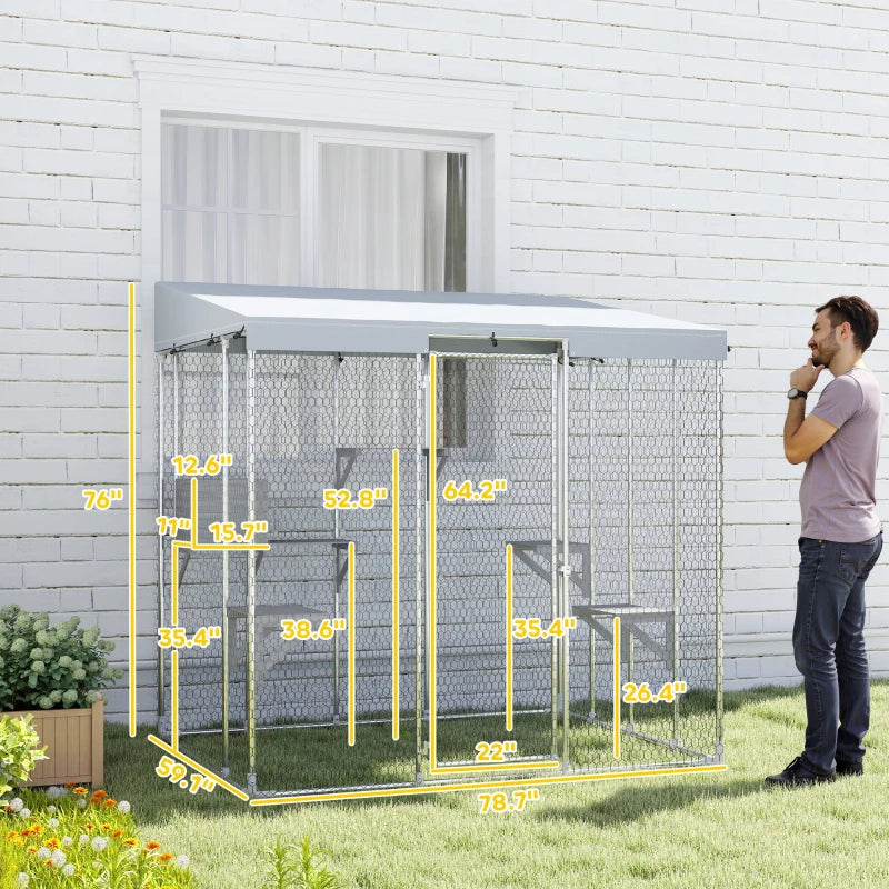 KFX-6369213 Spacious Galvanized Steel Catio with Waterproof Canopy and Jumping Platforms for 1-3 Kittens