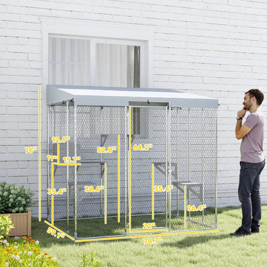 KFX-6369213 Spacious Galvanized Steel Catio with Waterproof Canopy and Jumping Platforms for 1-3 Kittens