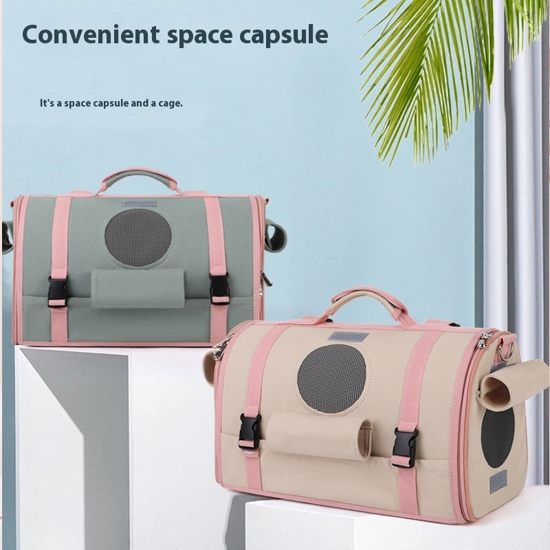 KFX-6369981 Portable Canvas Pet Backpack for Dogs and Cats - Four Seasons Travel Design in Beige and Green, Medium Hardness