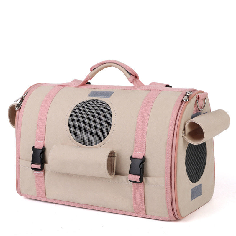 KFX-6369981 Portable Canvas Pet Backpack for Dogs and Cats - Four Seasons Travel Design in Beige and Green, Medium Hardness