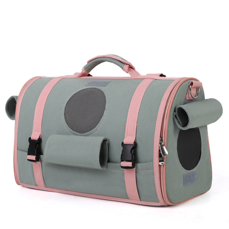 KFX-6369981 Portable Canvas Pet Backpack for Dogs and Cats - Four Seasons Travel Design in Beige and Green, Medium Hardness