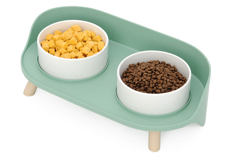 KFX-6373693 Moon Half Double Cat and Small Dog Bowl - Ceramic Design in Gray-Green & Milky White