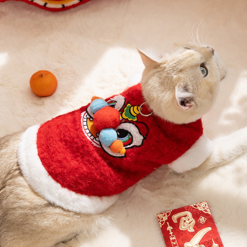 KFX-6378045 Festive 3D Lion Dance Sweater for Pets - Cozy Cotton-Padded Design with Leash Ring