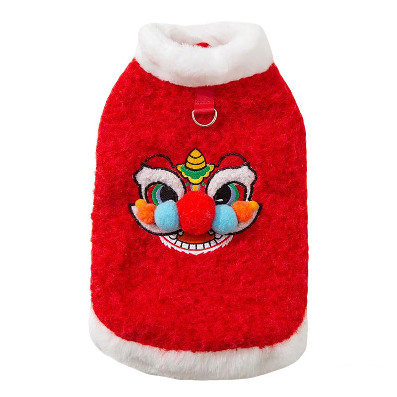 KFX-6378045 Festive 3D Lion Dance Sweater for Pets - Cozy Cotton-Padded Design with Leash Ring